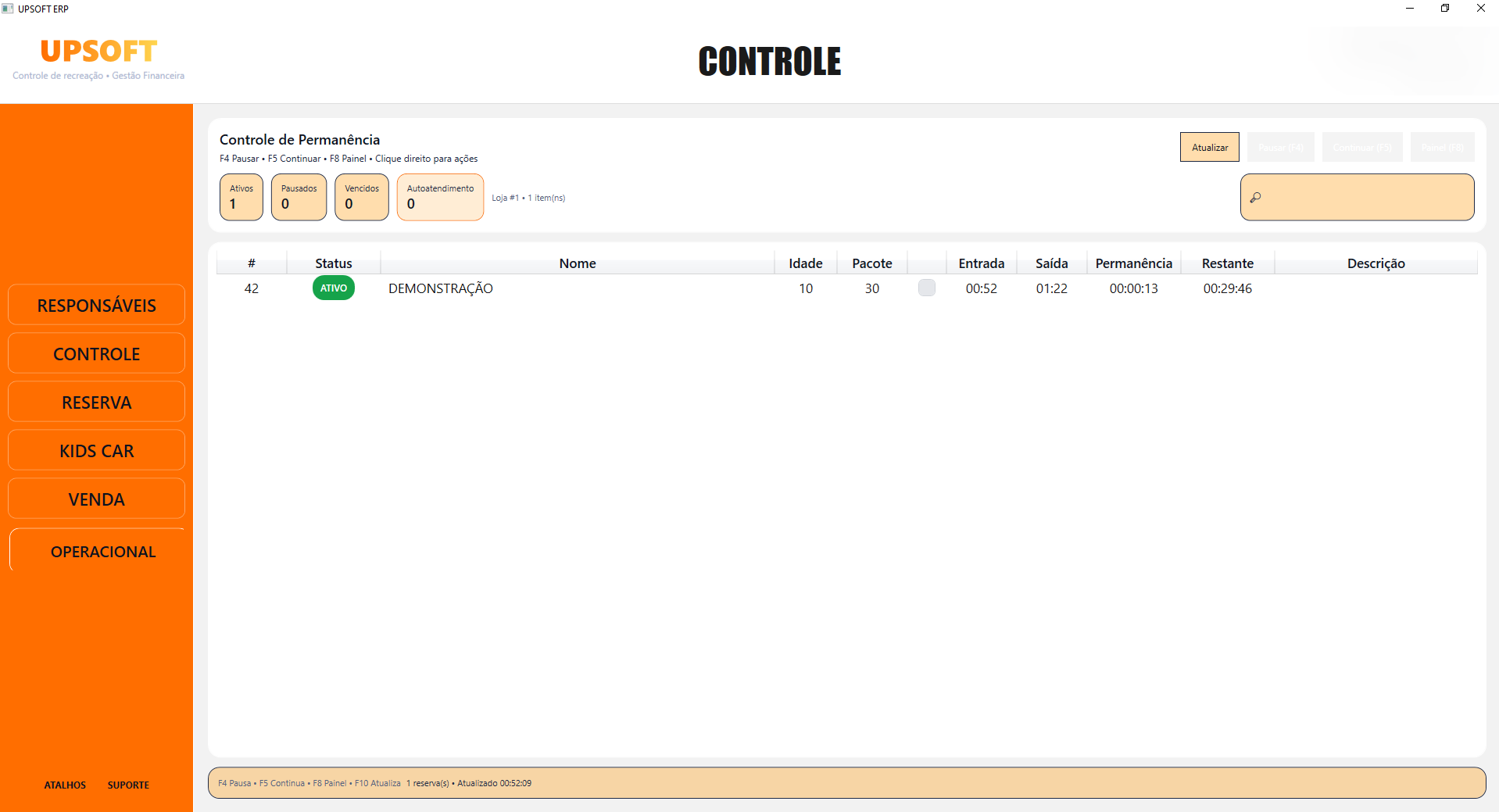 Tela real do UPSOFT mostrando o controle de permanência dos participantes.