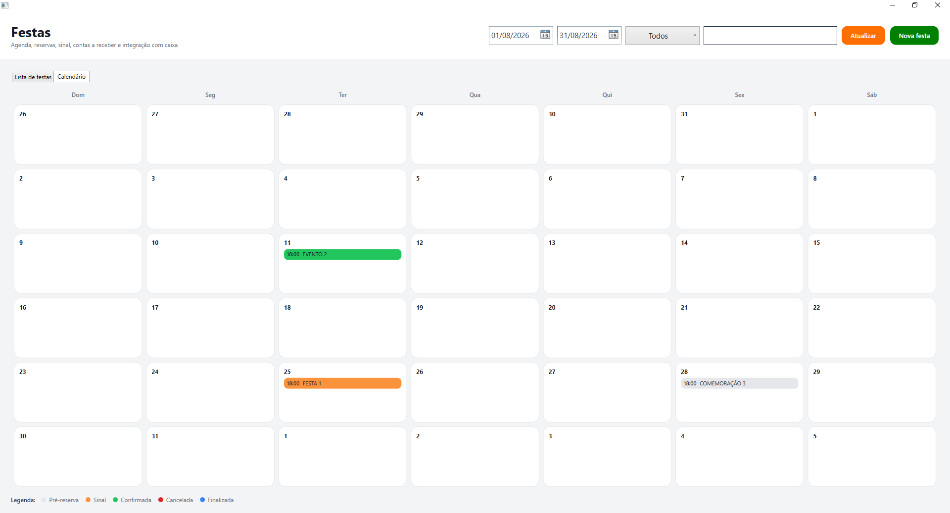 Tela real do UPSOFT mostrando o calendário de gestão de festas e eventos.