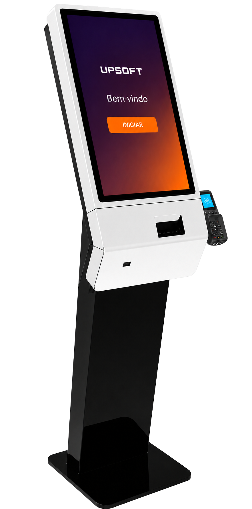 Totem de autoatendimento UPSOFT para cadastro de participantes, escolha de pacotes e pagamento integrado em parques.