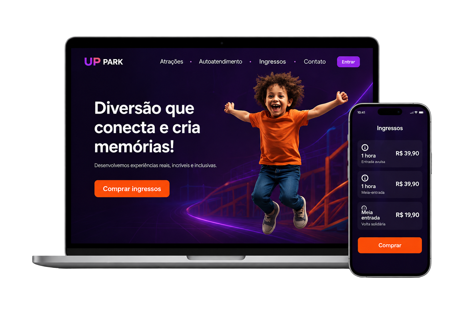 Site responsivo para parques com venda de ingressos online e orçamento de festas integrado ao UPSOFT.